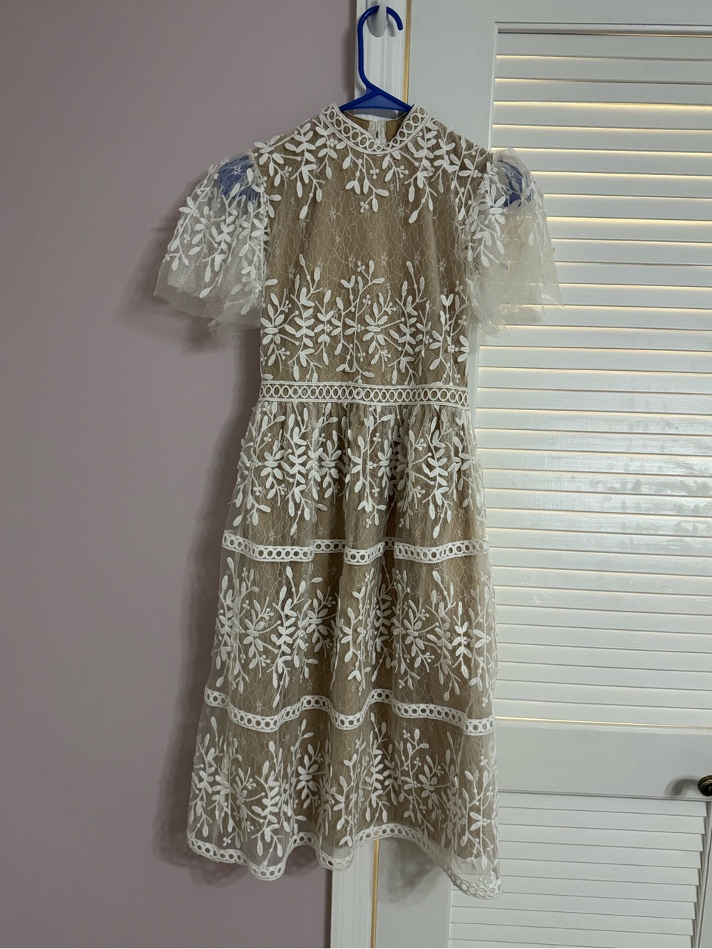Girl's Beige Lace Floral Dress with White Embroidery